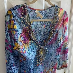 Solitaire Sheer Beaded V-Neck Tunic Top Small Multicolor Resort